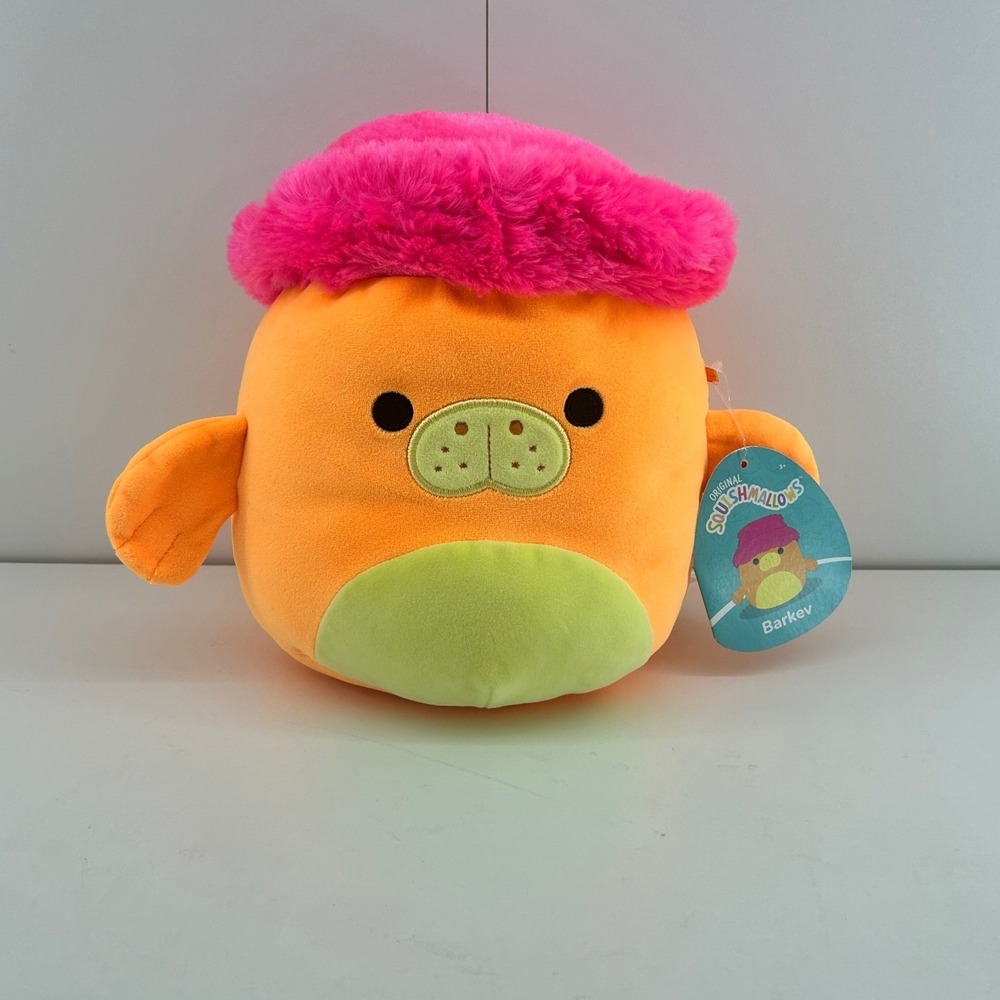 Squishmallows Barkev the Manatee 8 Inch Plush Orange with Pink Fuzzy Hat NEW
